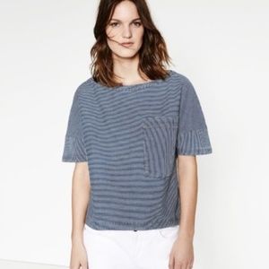 Zara Basic Z1975 Denim Stripe Dolman Sleeve Short Sleeve Shirt Women’s Large EUC